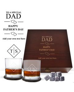 Luxury Father's Day gift boxes with personalised tumbler glasses and accessories. 