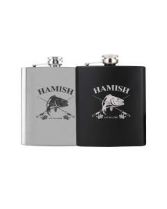 Personalised fishing design hip flasks with name and established date engraved.