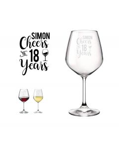 Personalised birthday gift wine glass with cheer to 18 years design.