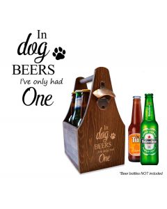 Wood beer caddy with funny engraved design.