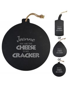 Hanging slate serving paddle with cheese and cracker design 
