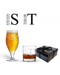 Personalised beer and whiskey glass gift set with initial and name engraved.