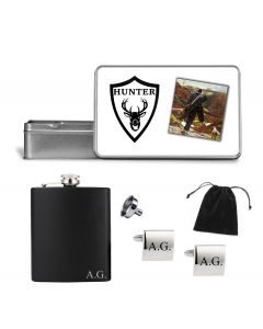 Personalised hunting themed hip flask and cufflink gift set