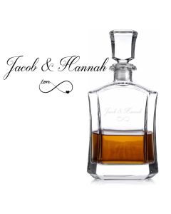 Personalised crystal decanter with couple's names engraved and a beautiful eternity love symbol design.