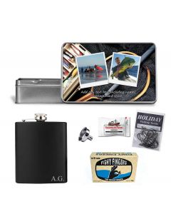 Personalised fishing themed hip flask gift set for men.