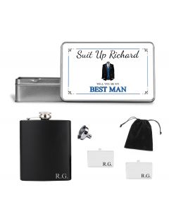 Wedding gift sets for men with personalised hip flask and cufflinks