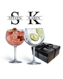 Crystal gin glasses gift set with personalised design.