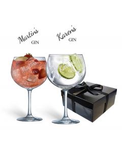 Personalised Gin glasses gift sets in a black box.