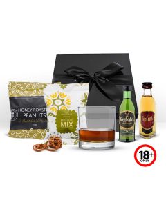 Glenfiddich and Grants whisky gift boxes with treats.