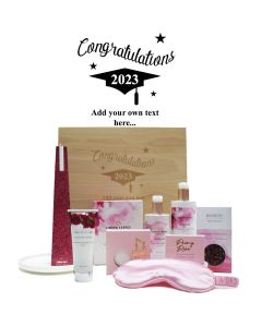 Personalised graduation gift boxes filled with relaxation and pampering gifts from Linden Leaves, Honest Chocolate and Living Light.