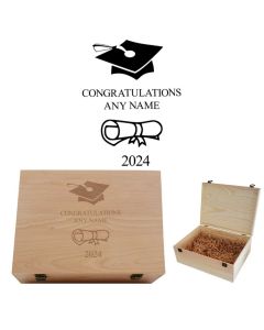 Personalised graduation gift wood keepsake boxes.