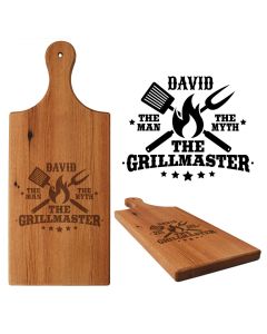 Grill master personalised New Zealand Rimu wood serving board platter paddle.