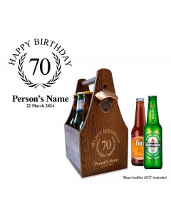 Personalised pine wood beer caddy for 70th birthday gifts