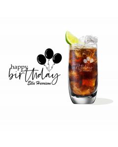Personalised highball crystal cocktail glasses with happy birthday balloons design.
