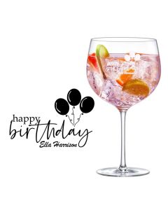 Personalised gin glass with happy birthday balloons design and name.