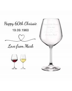 happy birthday wine glass with love heart. custom name, date and age