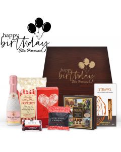 Personalised happy birthday gift box with balloons design and filled with gourmet treats, chocolates and sparkling wine.