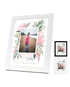 Personalised happy birthday photo frames with floral border design.