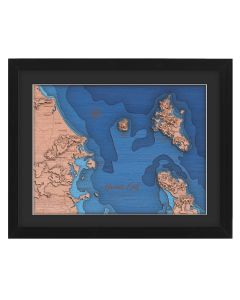 Topographic map of New Zealand's Hauraki Gulf with nine layers of laser cut and engraved wood for a 3D effect