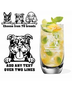 Highball cocktail glasses with dog design and text.