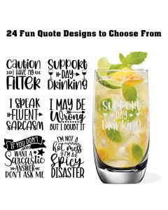 Luxury highball cocktail glasses with funny quote designs.