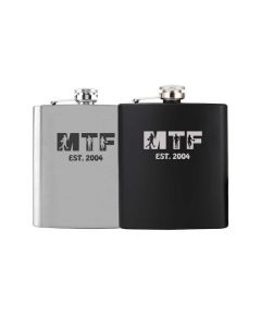 Rugby design personalised hip flasks with rugby initials and year established.