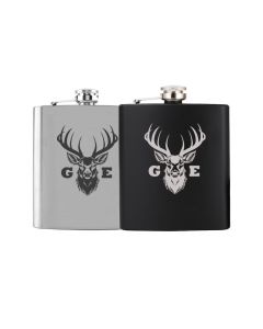 Stainless steel hip flasks engraved with a stag head design and two initials