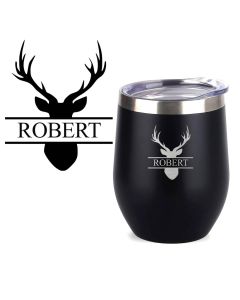 Stainless steel thermal hunting cups with personalised stag design.