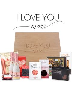Personalised luxury wood box hampers with I love you more design engraved