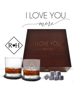 Personalised whiskey glasses box sets with I love you more design and personalised tumbler glasses.
