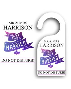 Personalised just married door hangers.