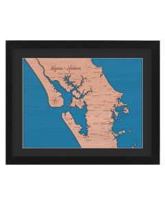 Framed two layer wood wall maps of the Kaipara harbour estuary and the Hauraki gulf