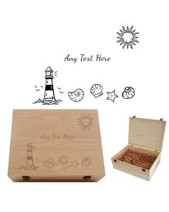 Luxury personalised keepsake boxes with an engraved beach themed design.