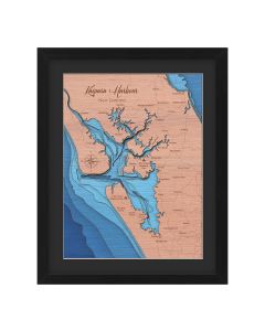 Framed layered wood maps of the Kaipara Harbour in New Zealand.