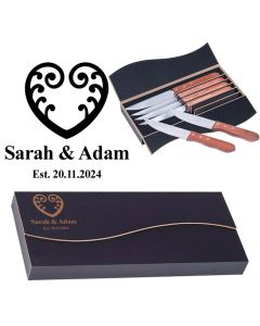 Personalised steak knife gift sets with Koru and fern love heart design with a couple's names and special date engraved