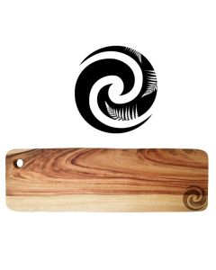 Long wooden food platter boards engraved with Kiwiana Koru design and New Zealand ferns