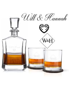 Crystal decanter gift sets personalised with couple's names and a Koru and fern inspired love heart.