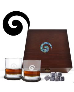 Whiskey glasses wood box gift set engraved with a New Zealand Paua shell Koru symbol