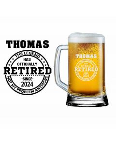 Laser engraved beer glass with the legend has retired personalised design.