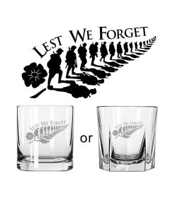 Lest we forget Anzac tumbler glasses with New Zealand Fern and poppy design.