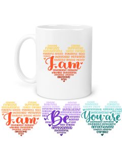 Positive affirmation gift mugs with love heart design.