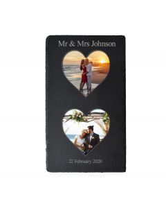 Customised slate photo frame with two heart shaped photos