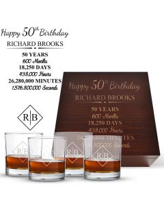 Personalised 50th birthday gift tumbler glass box set with timeline design.