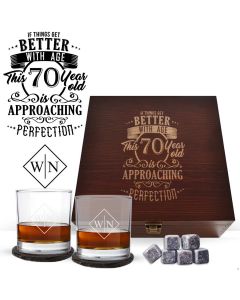 Whiskey glasses box sets for men's 70th birthdays.