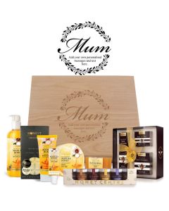 Luxury hardwood hamper gift box for mum with Manuka Honey and Bee Venom products.