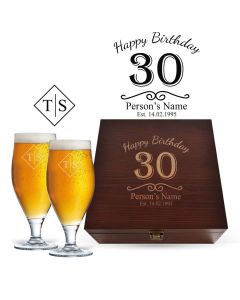 Luxury beer glasses wood box gift set with personalised happy birthday design.