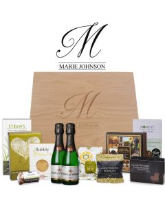 Luxury gourmet treat gift boxes with engraved initial and name design.