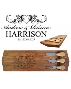Rimu wood cheese board with three cheese knifes and personalised engraved design for couples.