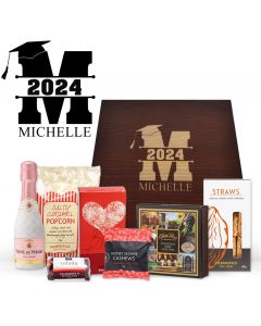 Personalised graduation gift boxes for women filled with gourmet treats, chocolates and sparkling French wine.
