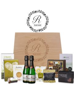 Gourmet treats luxury gift boxes with engraved floral circle with initial and name.